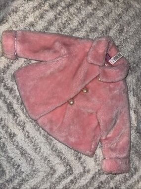 2T Disney princess vintage Pink Faux-Fur Kids Coat with Pearl Buttons
